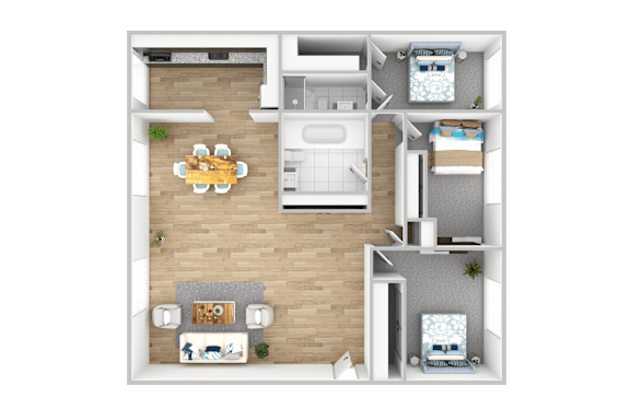 A top-down view of a small apartment layout with a living room, kitchen, and bedroom.