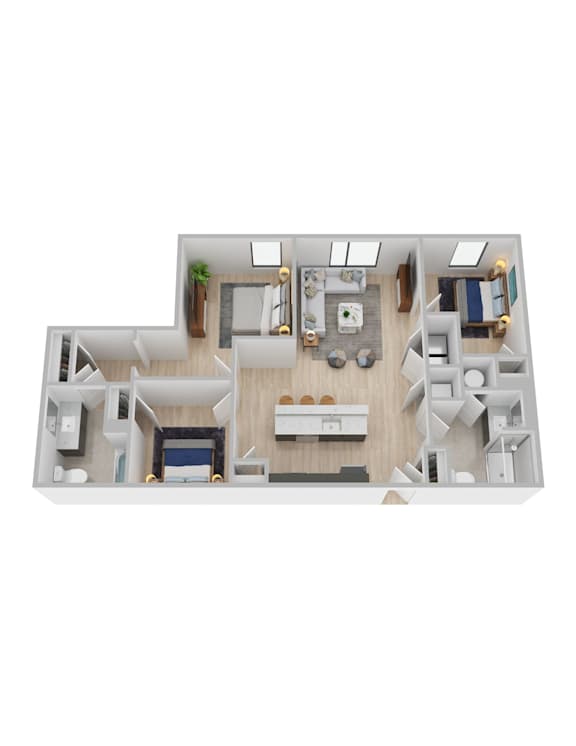 A top-down view of a house layout with a kitchen, living room, and bedrooms.