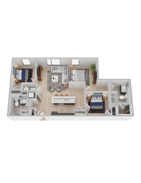 A 3D floor plan of a house with a kitchen, living room, and two bedrooms.