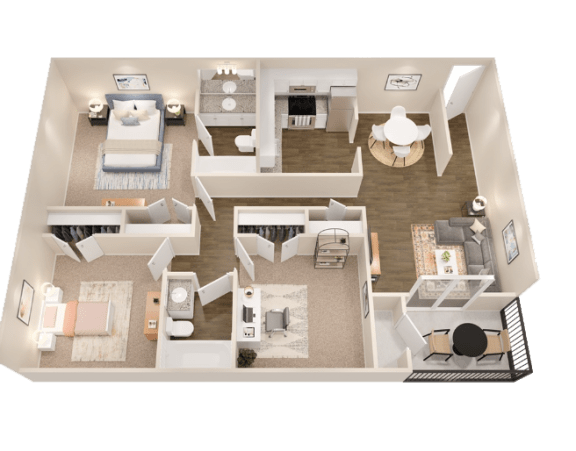 a 3d floor plan of a bedroom with a living room