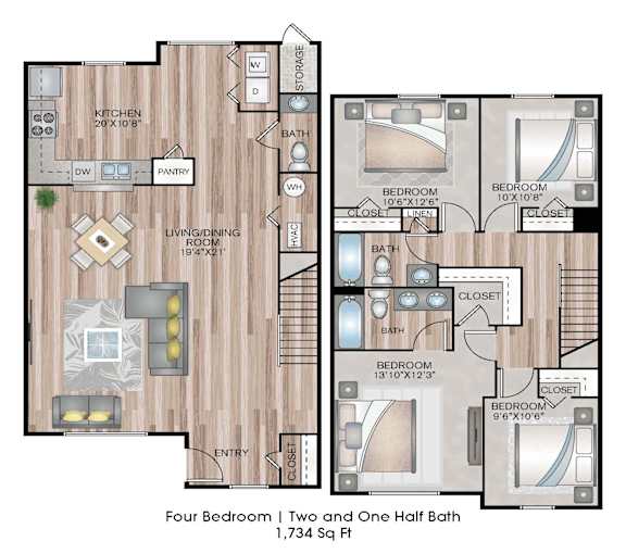 A floor plan of a house with four bedrooms and two bathrooms.