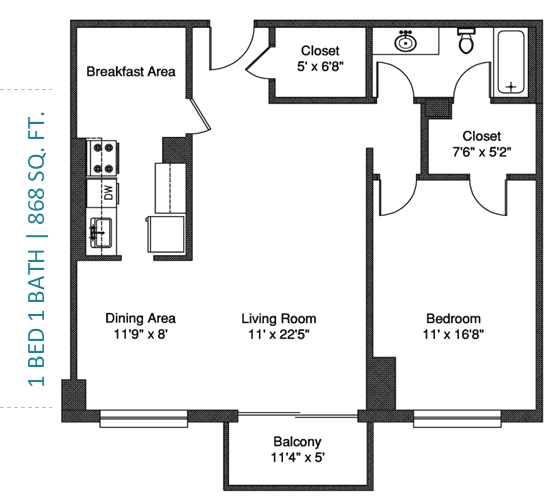 A floor plan of a 1 bed 1 bath 50 ft. long room with a breakfast area, dining area, living room, bedroom, and balcony.