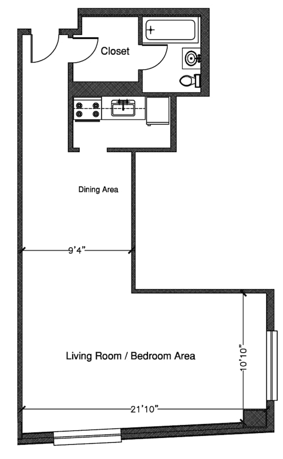 A floor plan of a small apartment with a closet, dining area, and living room/bedroom area.