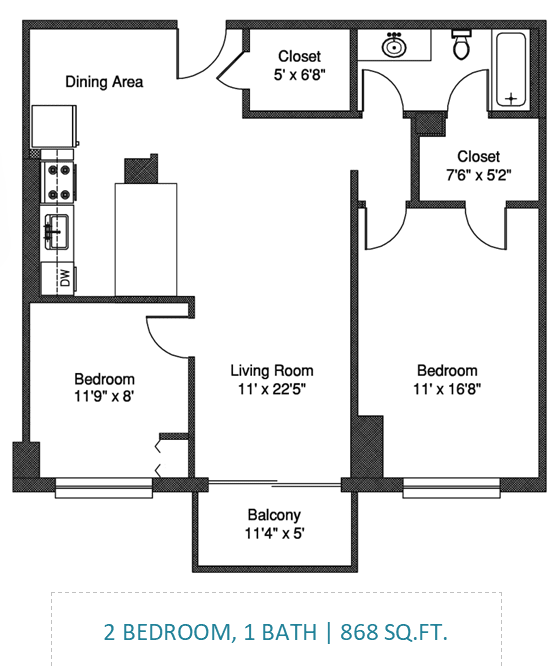 A floor plan of a 2 bedroom, 1 bathroom apartment is shown.