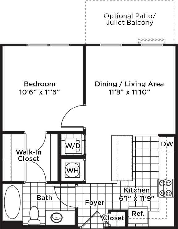 A floor plan of a house with a bedroom, dining/living area, bath, kitchen, and closets.
