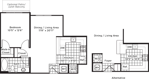 A floor plan of a house with a dining/living area, kitchen, bath, and optional patio/juliet balcony.