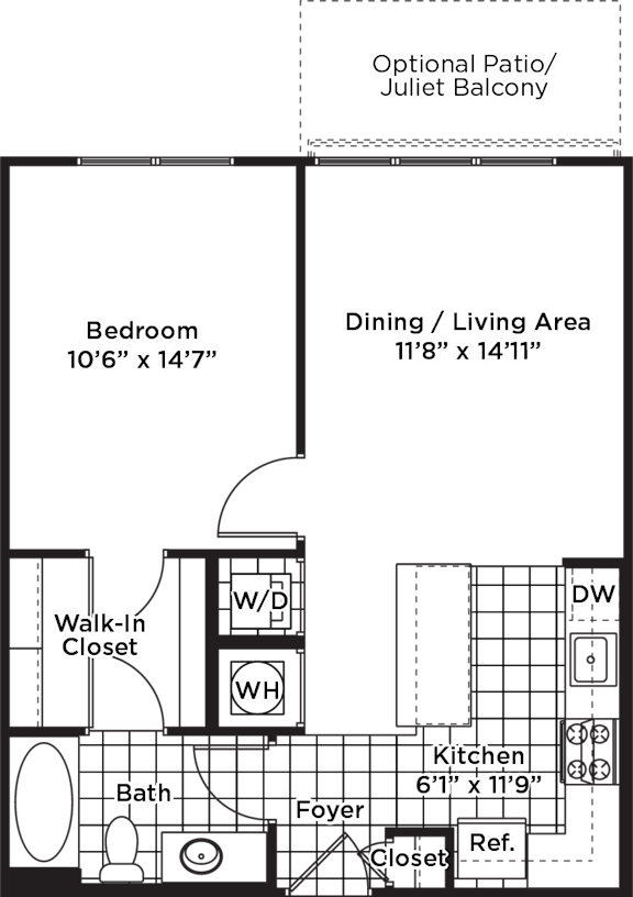 A floor plan of a house with a bedroom, dining/living area, kitchen, and bath.