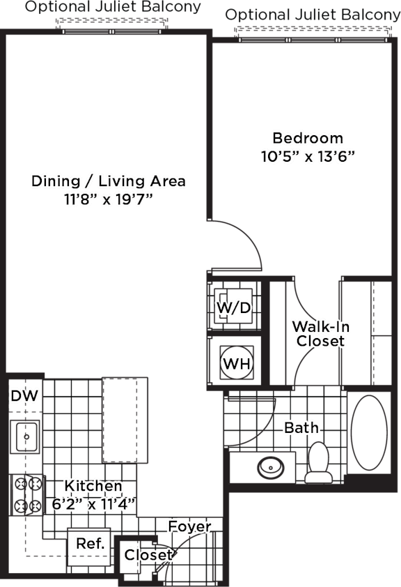 A floor plan of an optional Juliet balcony with a dining/living area, kitchen, bath, and bedroom.