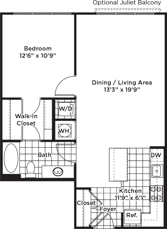 A floor plan of the Optional Juliet Balcony showing the layout of the bedroom, bath, and kitchen.