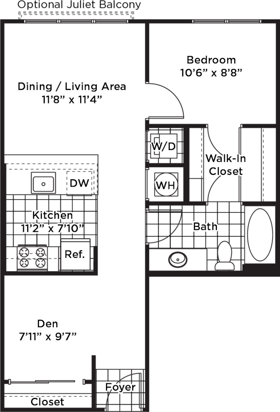 A floor plan of an optional Juliet balcony with a dining/living area, kitchen, bath, and bedroom.