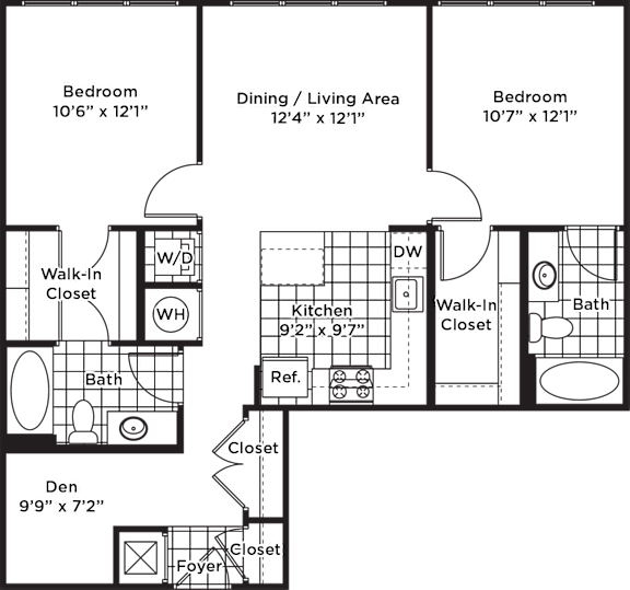 a floor plan of a bedroom apartment with a bathroom and a living room