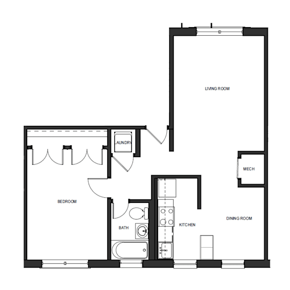 A black and white floor plan of a small apartment with a living room, dining room, kitchen, bathroom, and bedroom.