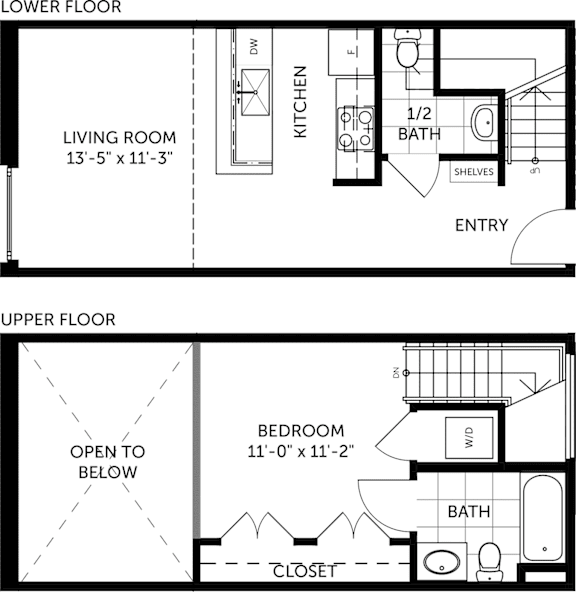 A diagram of a two-floor apartment with a living room, kitchen, bathroom, and bedroom.