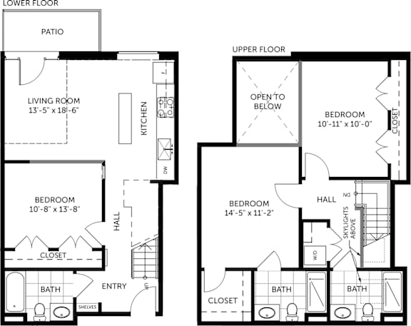 A floor plan of a two-story house with a living room, two bedrooms, a bathroom, a kitchen, and a hallway.