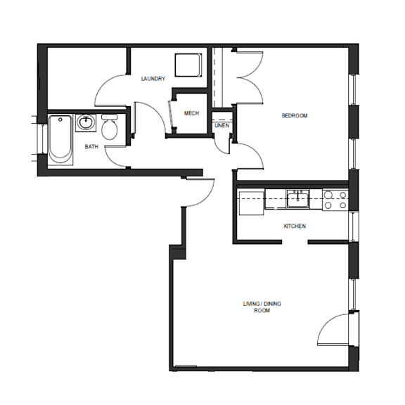 A floor plan of a house with a laundry room, bathroom, kitchen, dining room, and bedroom.