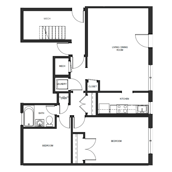 A floor plan of a house with a kitchen, two bedrooms, a bathroom, a laundry/drying room, and a mech.