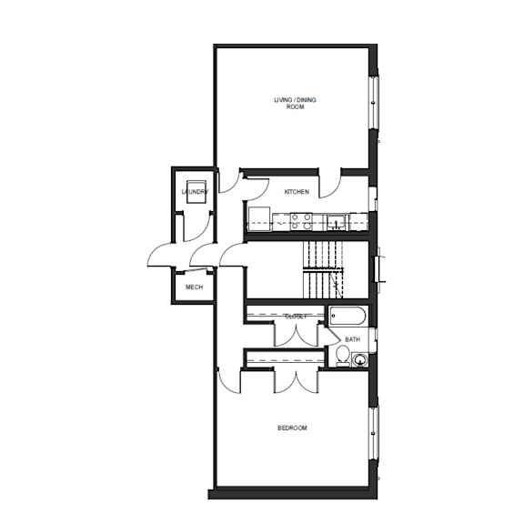 A floor plan of a house with a living room, kitchen, bathroom, and bedroom.