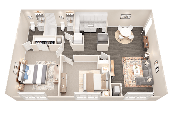 a 3d floor plan of a bedroom with a living room and a dining room