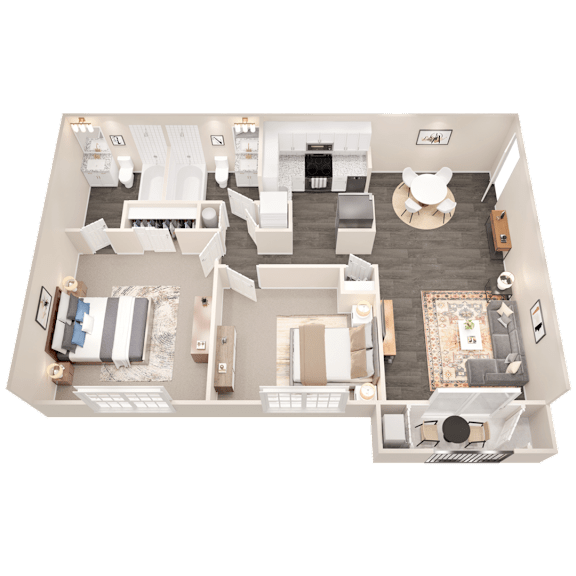 A top-down view of a well-furnished apartment layout.