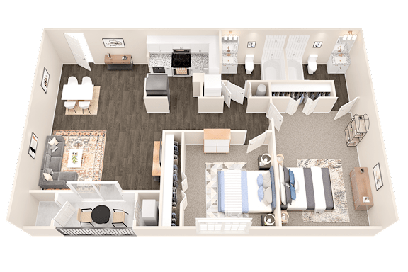 a 3d floor plan of a bedroom with a bathroom and a living room