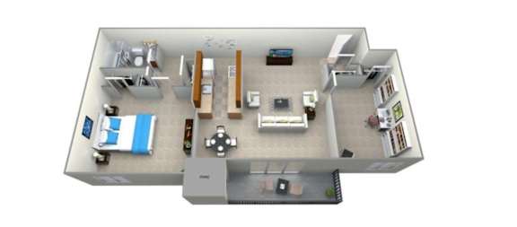 A 3D floor plan of a small apartment with a kitchen, living room, and bedroom.