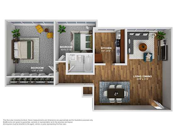 A floor plan of a small apartment with a bedroom, kitchen, and living/dining room.
