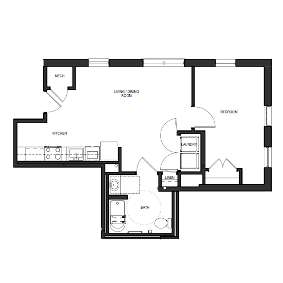 A floor plan of a small apartment with a kitchen, living room, and bathroom.