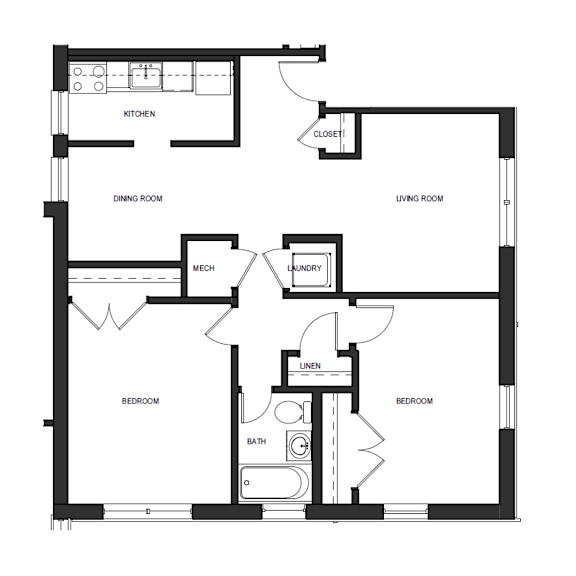 A black and white floor plan of a house with labeled rooms.