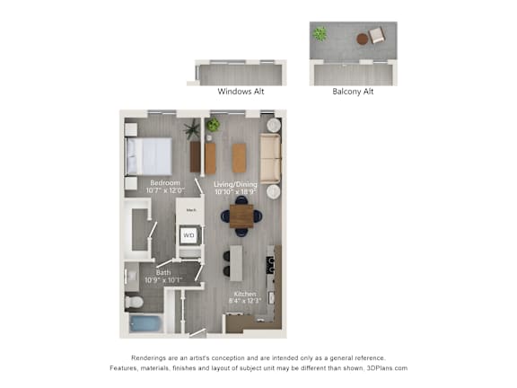 A 3D floor plan of a house with a kitchen, living room, and bathroom.