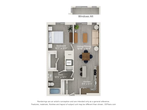 A floor plan of a small apartment with a living room, dining room, kitchen, and bathroom.