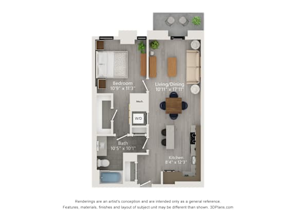 Floor Plan  A 3D floor plan of a small apartment with a bedroom, bathroom, living/dining area, kitchen, and a small entryway.