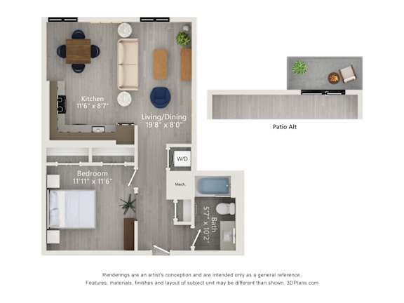 A floor plan of a small apartment with a kitchen, living room, dining room, and bathroom.