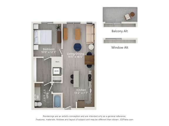 A floor plan of a small apartment with a bedroom, living room, kitchen, and bathroom.