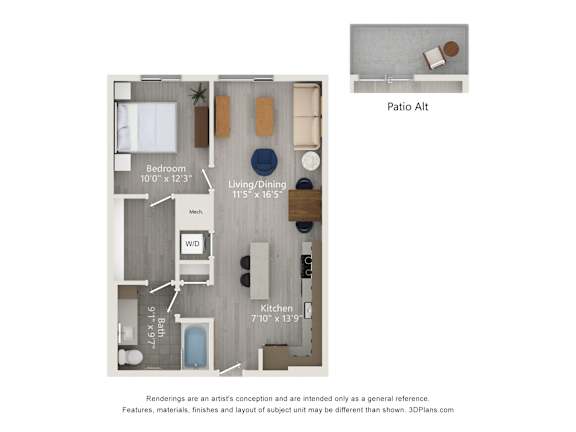 A floor plan of a small apartment with a bedroom, living room, kitchen, and bathroom.
