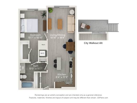 Floor Plan  A floor plan of an apartment with a bedroom, bathroom, living/dining area, kitchen, and a mech.