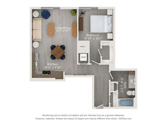 A floor plan of a small apartment with a kitchen, living room, dining room, and bathroom.