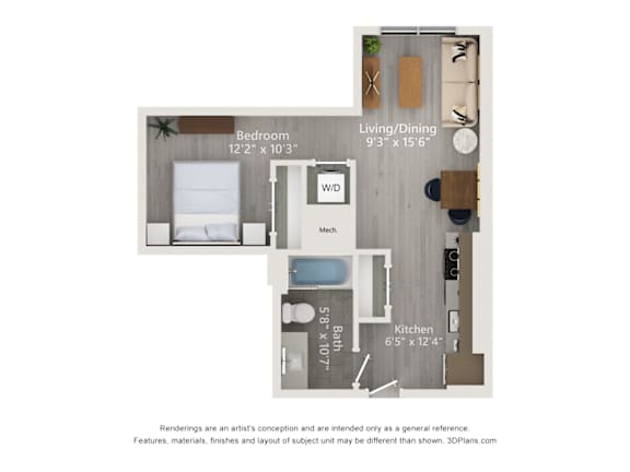 A floor plan of a small apartment with a bedroom, living/dining area, kitchen, and bathroom.