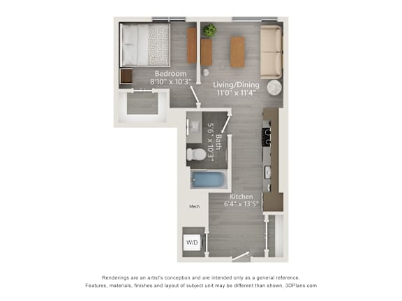 A floor plan of a small apartment with a bedroom, living/dining area, kitchen, and a wet bar.
