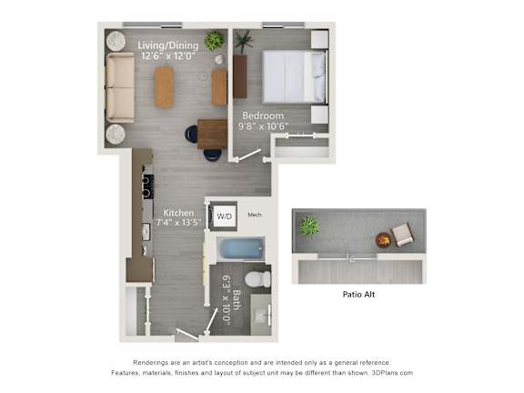 A floor plan of a small apartment with a living room, bedroom, kitchen, and patio.