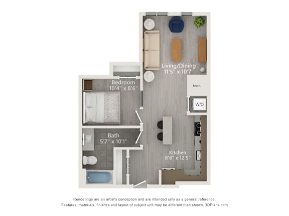 A 3D floor plan of a small apartment with a living room, dining room, kitchen, bedroom, and bathroom.
