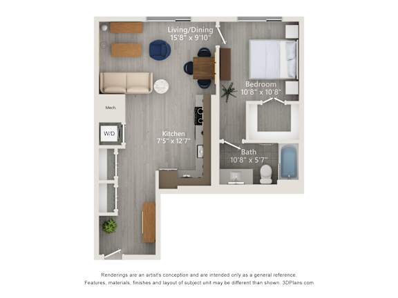 A floor plan of a small apartment with a living room, kitchen, and bedroom.