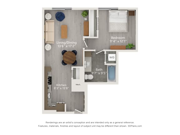 A floor plan of a small apartment with a living room, dining room, kitchen, and bathroom.