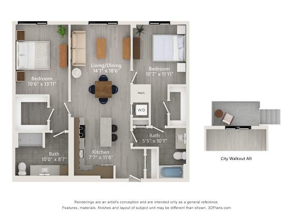 Floor Plan  A floor plan of an apartment layout with a kitchen, living room, dining room, bathroom, and bedroom.