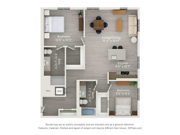 A floor plan of a small apartment with a kitchen, living room, dining room, and two bedrooms.
