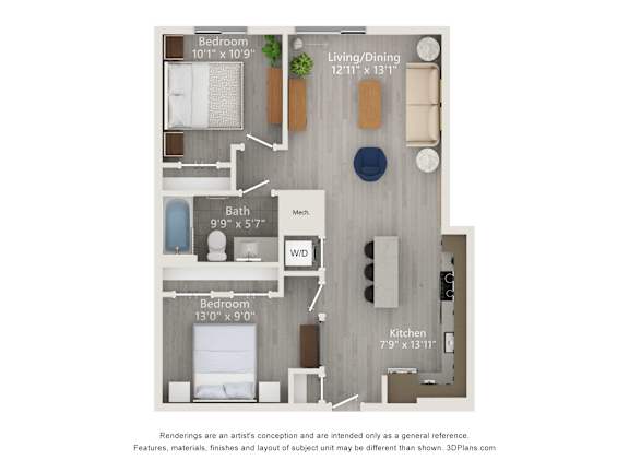 A floor plan of a small apartment with a living room, dining room, kitchen, and two bedrooms.