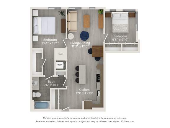 A floor plan of a small apartment with a living room, kitchen, bathroom, and two bedrooms.