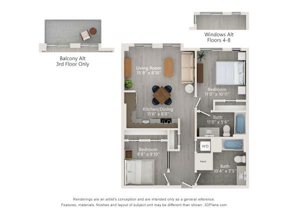 Floor Plan  A floor plan shows a 3rd floor balcony, a living room, a kitchen, a dining area, and three bedrooms.