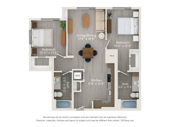 A floor plan of a house with a living room, dining room, kitchen, and two bedrooms.