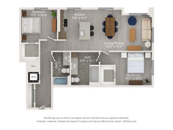 A floor plan of a small apartment with a bedroom, bathroom, kitchen, living room, and a workspace.