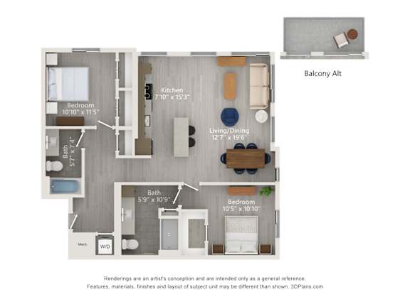 A floor plan of a balcony apartment with a living room, two bedrooms, a bathroom, and a kitchen.